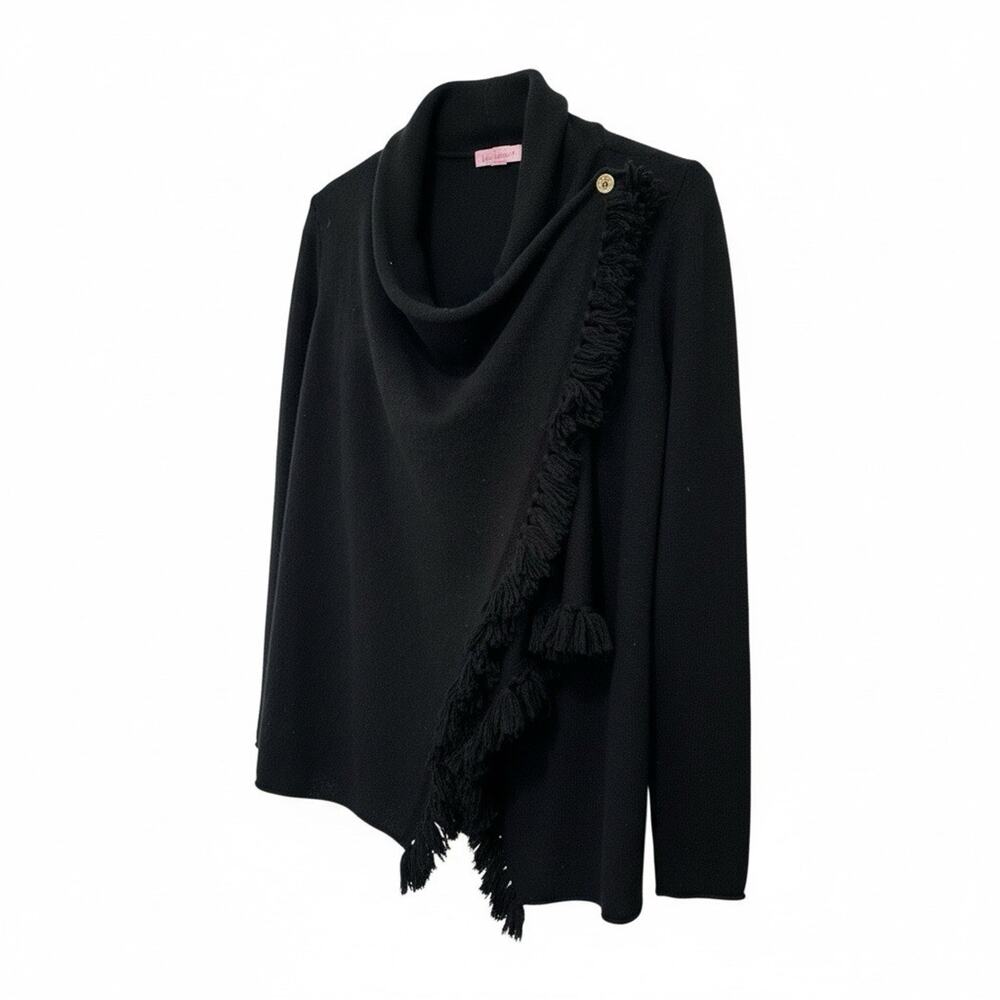 Lilly Pulitzer 100% Cashmere Fringe Asymmetric Wrap Cardigan Sweater Black Sz XS